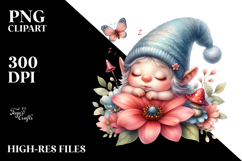Cute Baby Gnome Sleeping on Flower, Digital Watercolor PNG Product Image 2