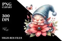 Cute Baby Gnome Sleeping on Flower, Digital Watercolor PNG Product Image 2