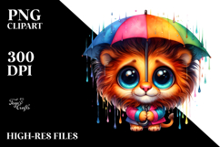 Baby Lion with Tiny Umbrella, Vibrant Watercolor PNG Product Image 2