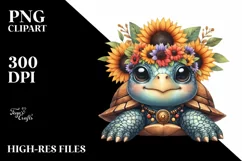 Cute Baby Turtle with Sunflower Wreath | Clipart Product Image 1