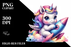 Colorful Baby Unicorn with Rocket Ship PNG Product Image 3