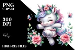 Cute Baby Unicorn Dancing with Flowers | Clipart Product Image 1