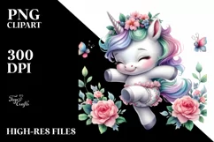 Cute Baby Unicorn Dancing with Flowers | Clipart Product Image 1