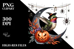 Hummingbird Dressed for Halloween on Half Moon PNG Product Image 2
