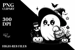 Cute Ghost with Purse Holding Coffee PNG Product Image 1