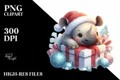 Cute Winter Baby Rhino by Gift Box, White Background PNG Product Image 1