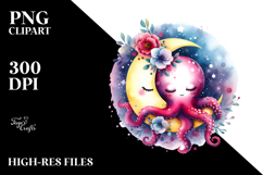 Octopus Moon Flowers Whimsical Clipart Product Image 2