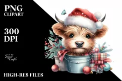 Whimsical Pastel Cute Highland Baby Cow with Santa Hat PNG Product Image 2