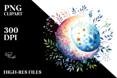 Vibrant Whimsical Moon with Foliage Stars PNG Product Image 2