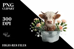 Highland Cow Carnation in Bucket | Sublimation Clipart Product Image 1