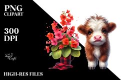 Cute Highland Cow with Begonia | Clipart Product Image 1