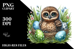 Baby Owl in Grass with Easter Eggs PNG Product Image 2