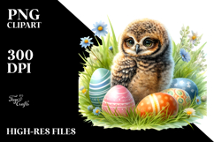 Baby Owl in Grass with Easter Eggs PNG Product Image 2