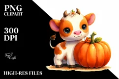 Cute Baby Cow with Pumpkin Clipart Product Image 3