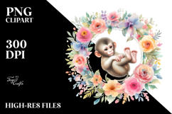 Baby Monkey Floral Frame Watercolor Pastel Clipart Product Image 2