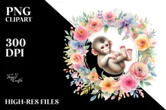 Baby Monkey Floral Frame Watercolor Pastel Clipart Product Image 2
