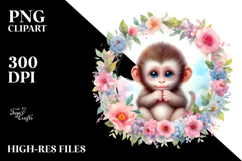 Baby Monkey Floral Frame Watercolor Pastel Clipart Product Image 2