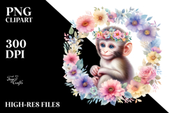 Baby Monkey Floral Frame Watercolor Pastel Clipart Product Image 2