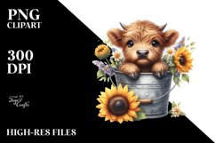 Centered Cute Baby Highland Cow with Sunflower PNG Product Image 1