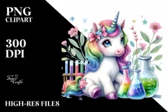 Colorful Baby Unicorn with Beaker and Test Tubes PNG Product Image 1