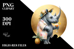 Rhino Wearing Beachwear Drinking a Cocktail, PNG Product Image 2