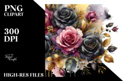 Watercolor Colorful Black Roses with Gold | Clipart Product Image 2