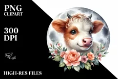 Cute Highland Cow with Rose on Moon | Clipart Product Image 3