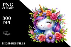 Smiling Baby Unicorn with Floral Wreath PNG Product Image 2