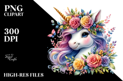 Smiling Baby Unicorn with Floral Wreath PNG Product Image 2