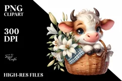 Cute Highland Cow with Lily in Basket | Clipart Product Image 1