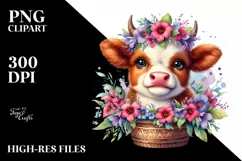 Cute Highland Cow with Lobelia in Recipient | Clipart Product Image 3