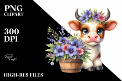 Cute Highland Cow with Lobelia in Recipient | Clipart Product Image 1