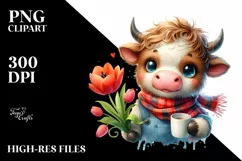 Cute Highland Cow with Tulip in Cup | Clipart Product Image 1