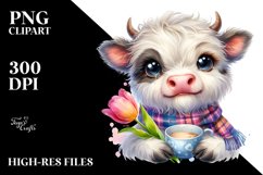 Cute Highland Cow with Tulip in Cup | Clipart Product Image 3