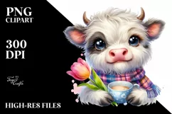 Cute Highland Cow with Tulip in Cup | Clipart Product Image 3