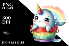 Colorful Smiling Baby Narwhal in Wooden Bucket Clipart Product Image 3