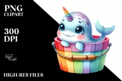 Colorful Smiling Baby Narwhal in Wooden Bucket Clipart Product Image 3