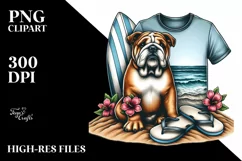 Watercollor Bulldog Sitting in Sand with Surf and Slippers Product Image 1