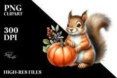 Cute Baby Squirrel with Pumpkin, PNG Product Image 3