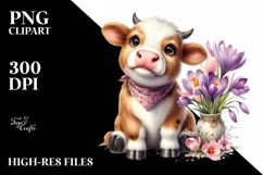 Cute Highland Cow with Crocus in Vase | Clipart Product Image 1