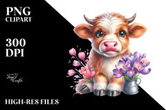 Cute Highland Cow with Crocus in Vase | Clipart Product Image 1