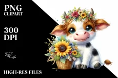 Cute Highland Cow with Sunflower in Basket | Clipart Product Image 3