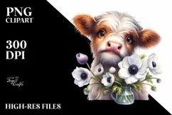 Cute Highland Cow with Anemone in Vase | Clipart Product Image 1