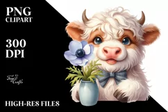 Cute Highland Cow with Anemone in Vase | Clipart Product Image 1