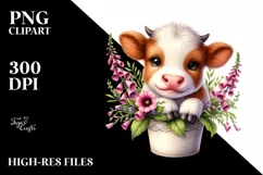 Cute Highland Cow with Foxglove in Recipient | Clipart Product Image 1