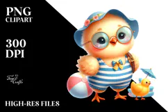 Cute Baby Chicken in Beachwear, Whimsical Watercolor PNG Product Image 2