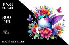 Cute Cartoon-Style Watercolor Hummingbird Sitting on Flower Product Image 1