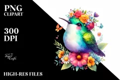 Cute Cartoon-Style Watercolor Hummingbird Sitting on Flower Product Image 3