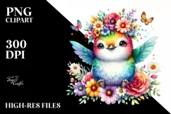 Cute Cartoon-Style Watercolor Hummingbird Sitting on Flower Product Image 3