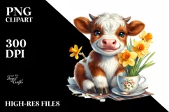 Smiling Highland Cow with Narcissus, PNG Product Image 3